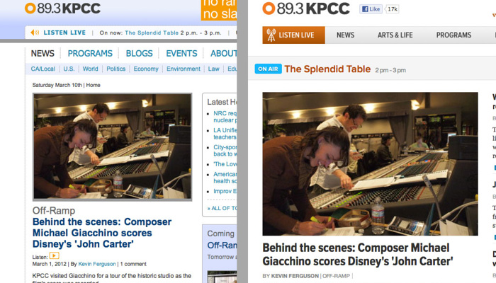 Old and new versions of the KPCC homepage, served out of Django (left) and Ruby on Rails (right).
