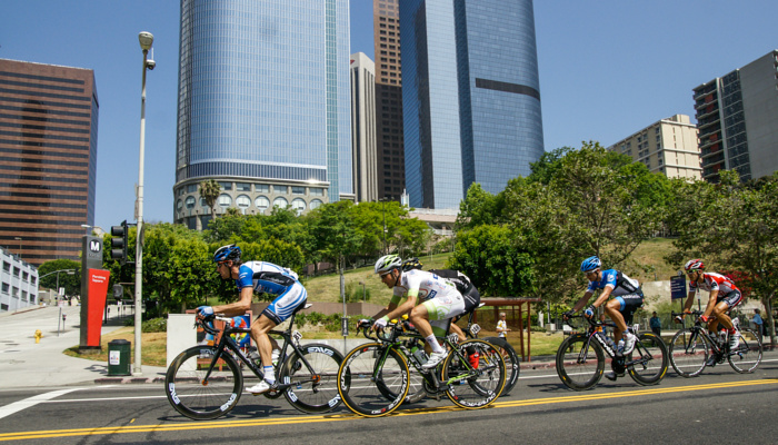The final stage of the 2012 Tour of California passes through Downtown Los Angeles during the five-lap sprint finish.