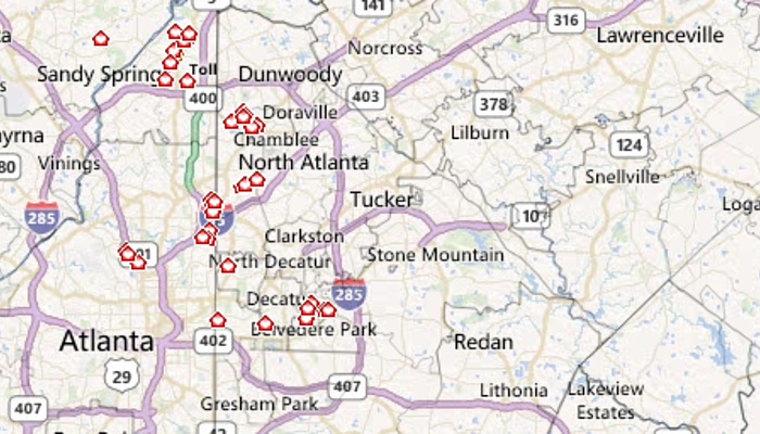 A map of homes we saved as favorites during a weekend of driving around Atlanta.
