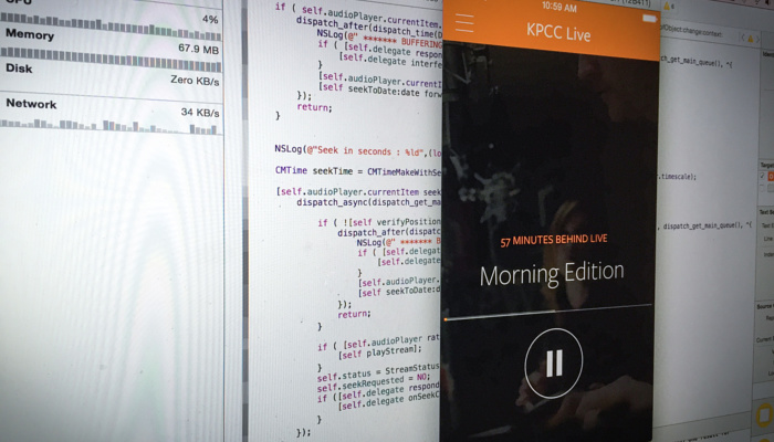 KPCC's new iPhone app showing its ability to rewind to the beginning of a currently-playing show. Behind the app is code from the project.