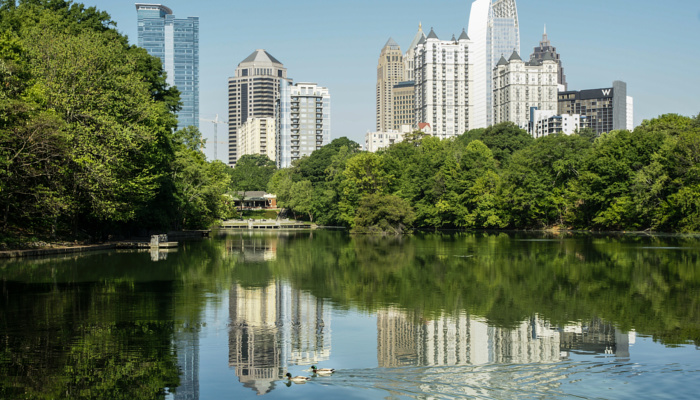 The Atlanta skyline as seen from Piedmont Park, a 189-acre green space near midtown.